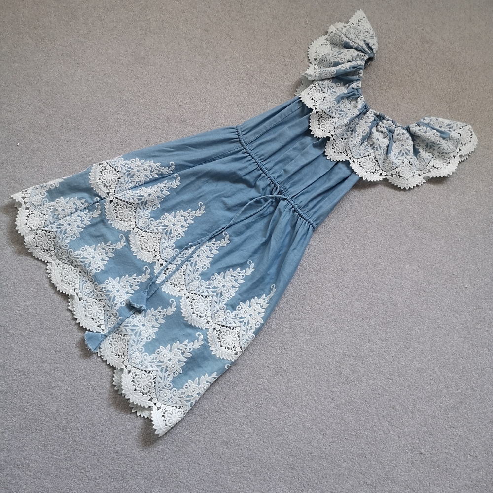 Chambray and Lace Summer Dress Off Shoulder